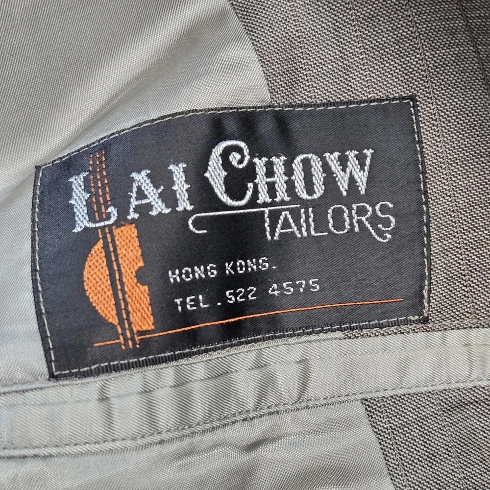 Vintage Lai Chow Tailors Suit Jacket Mens 44R Beige Check Double-Breasted 80s